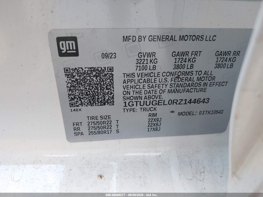 2024 Gmc SIERRA VIN 1GTUUGEL0RZ144643 IAAI salvage auction — FRONT END, Salvage Title, sold $26,500 on 2026-07-31 (photo 9)