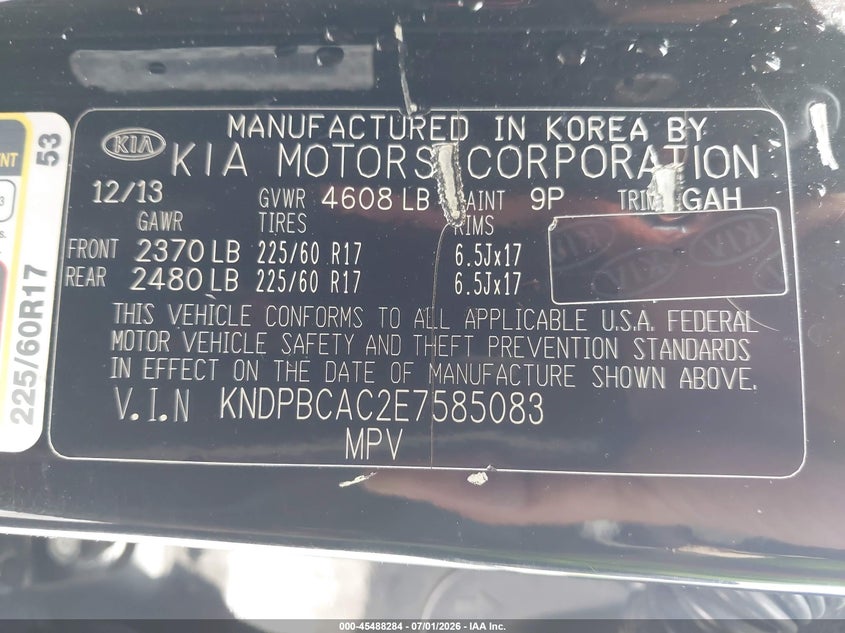 2014 Kia Sportage VIN KNDPBCAC2E7585083 IAAI salvage auction — LEFT SIDE, Rebuildable (Florida), sold $1,100 on 2026-07-22 (photo 9)