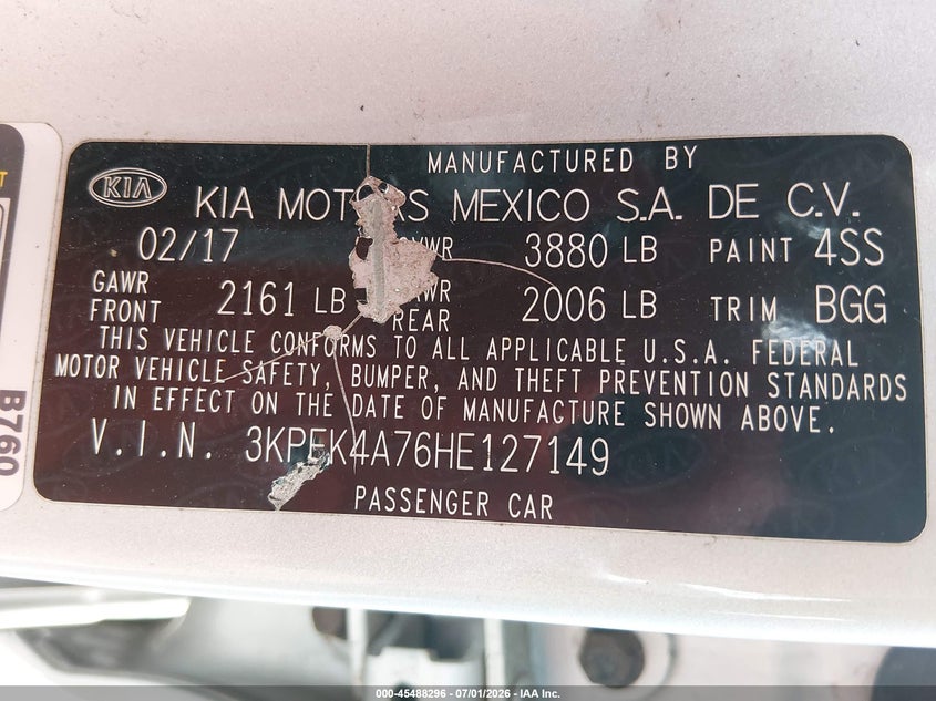 2017 Kia Forte VIN 3KPFK4A76HE127149 IAAI salvage auction — LEFT FRONT, Salvage (Ohio), sold $1,150 on 2026-07-22 (photo 9)