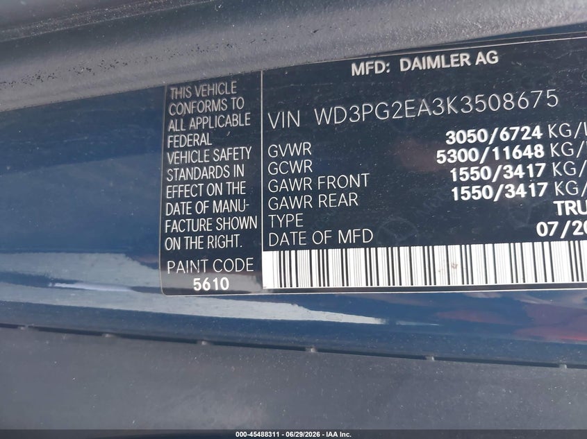 2019 Mercedes-benz Metris VIN WD3PG2EA3K3508675 IAAI salvage auction — NORMAL WEAR, Sf97 (Maryland), sold $14,200 on 2026-08-18 (photo 9)