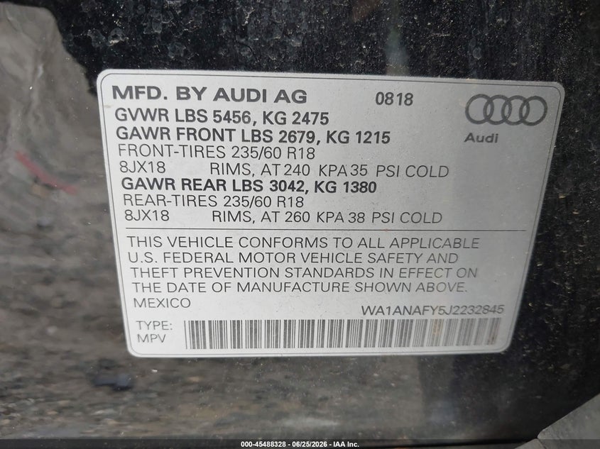 2018 Audi Q5 VIN WA1ANAFY5J2232845 IAAI salvage auction — FRONT END, Salvage (Georgia), sold $6,300 on 2026-07-30 (photo 9)