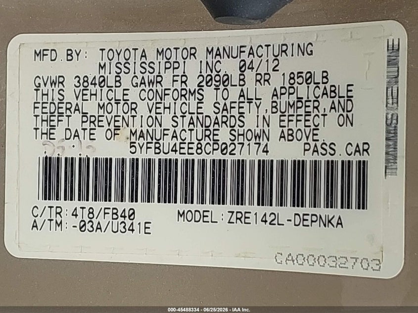 2012 Toyota Corolla VIN 5YFBU4EE8CP027174 IAAI salvage auction — NORMAL WEAR, Clear (Kansas), sold $1,700 on 2026-07-22 (photo 9)