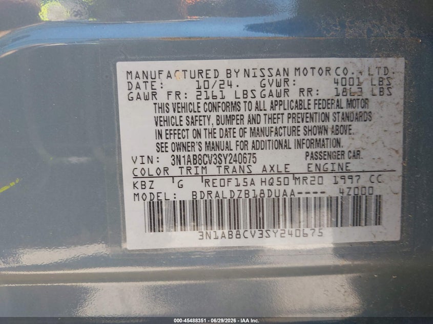 2025 Nissan Sentra VIN 3N1AB8CV3SY240675 IAAI salvage auction — FRONT END, Mv-907A (New York), sold $4,350 on 2026-07-25 (photo 9)