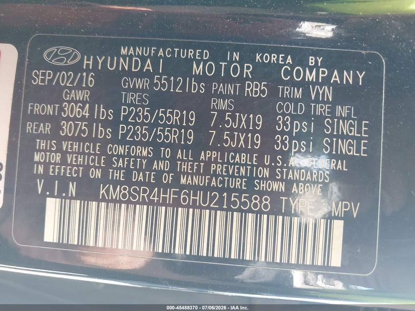 2017 Hyundai Santa fe VIN KM8SR4HF6HU215588 IAAI salvage auction — FRONT END, Salvage (Tennessee), sold $450 on 2026-07-30 (photo 9)
