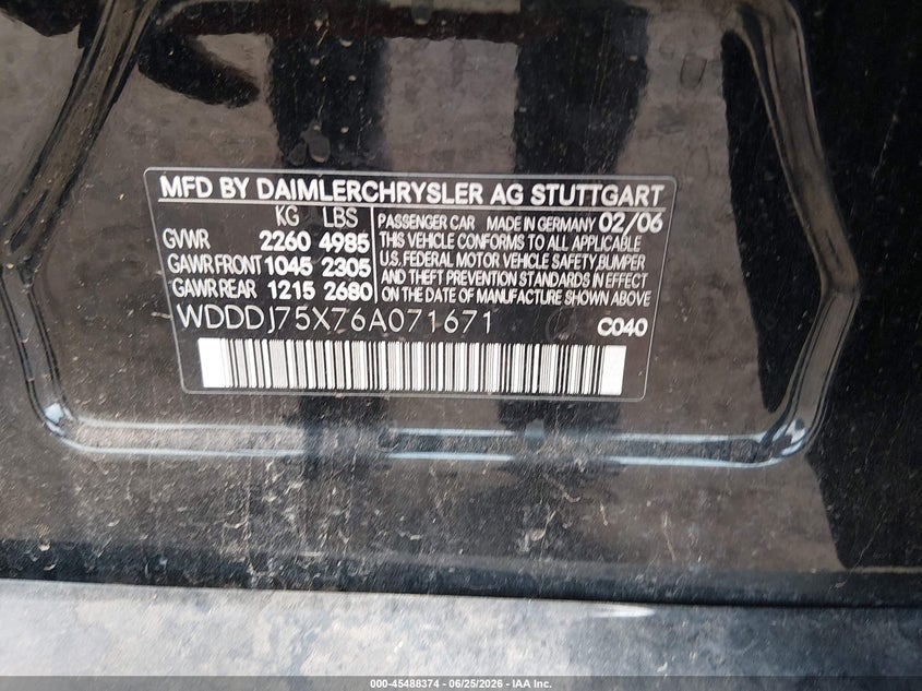 2006 Mercedes-benz Cls-class VIN WDDDJ75X76A071671 IAAI salvage auction — NORMAL WEAR, Clear (Arizona), sold $450 on 2026-07-20 (photo 9)