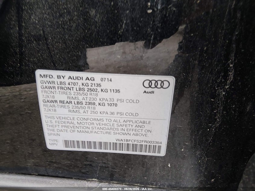 2015 Audi Q3 VIN WA1BFCFS2FR003384 IAAI salvage auction — FRONT END, Clear (Massachusetts), sold $300 on 2026-07-11 (photo 8)