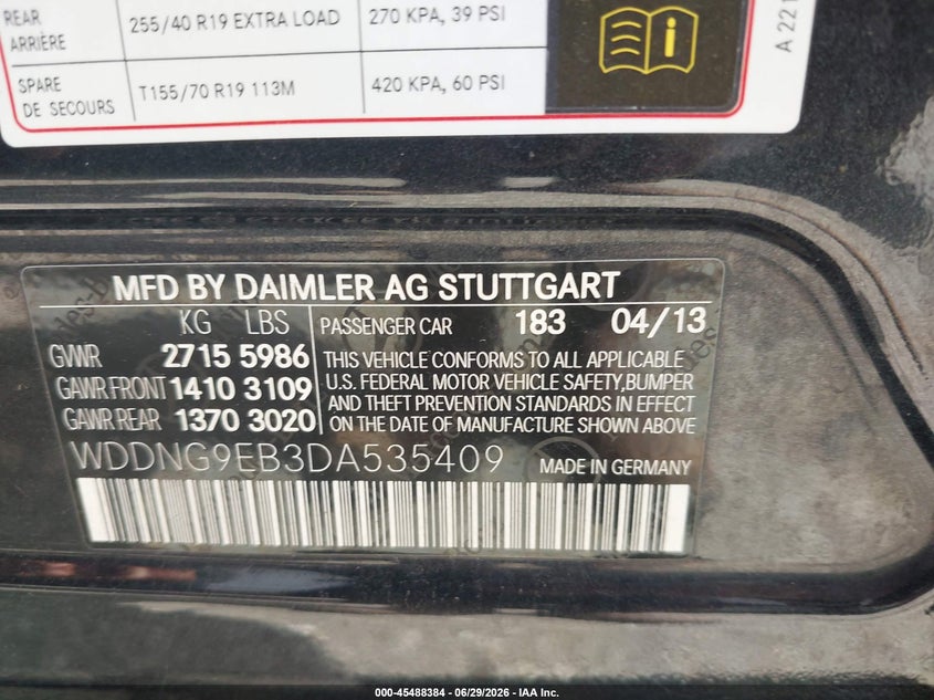 2013 Mercedes-benz S-klasse VIN WDDNG9EB3DA535409 IAAI salvage auction — FRONT END, Salvage (Texas), sold $1,050 on 2026-07-28 (photo 9)