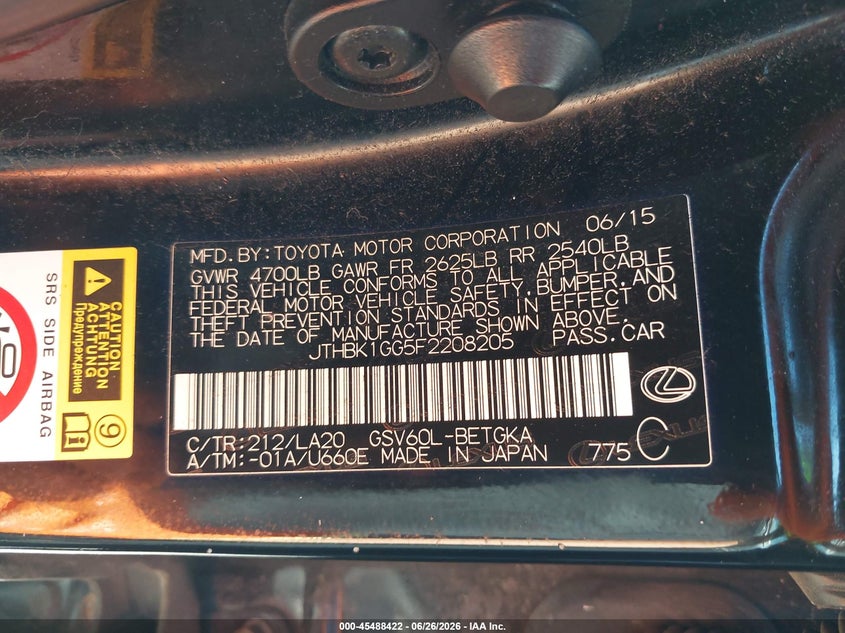 2015 Lexus ES VIN JTHBK1GG5F2208205 IAAI salvage auction — FRONT END, Salvage (Ohio), sold $2,850 on 2026-07-14 (photo 9)
