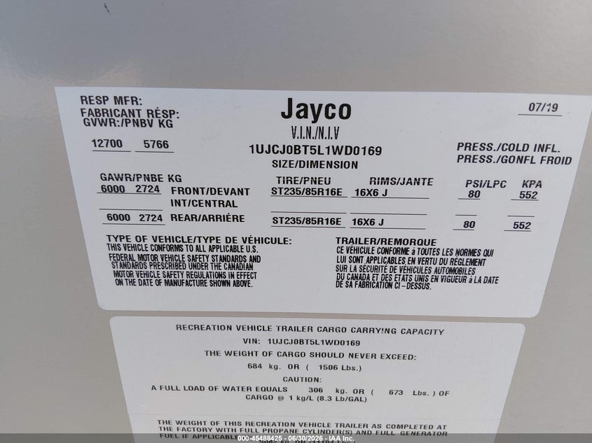 2020 Jayco Camper VIN 1UJCJ0BT5L1WD0169 IAAI salvage auction — SIDE, Clear (Georgia), sold $10,000 on 2026-08-19 (photo 9)