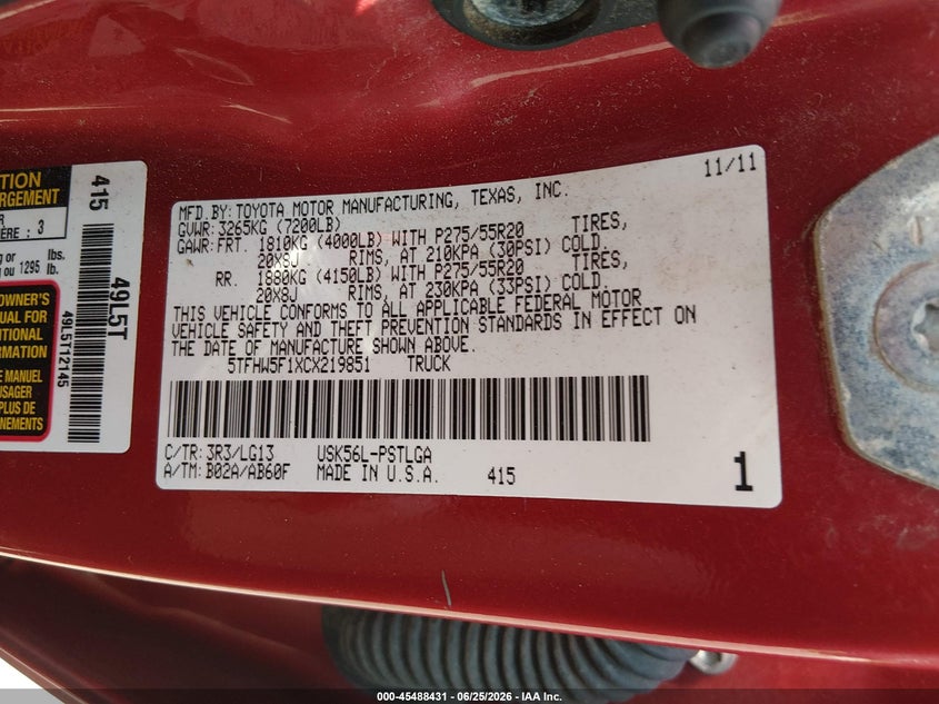 2012 Toyota Tundra VIN 5TFHW5F1XCX219851 IAAI salvage auction — LEFT SIDE, Clear (Texas), sold $8,900 on 2026-07-28 (photo 9)