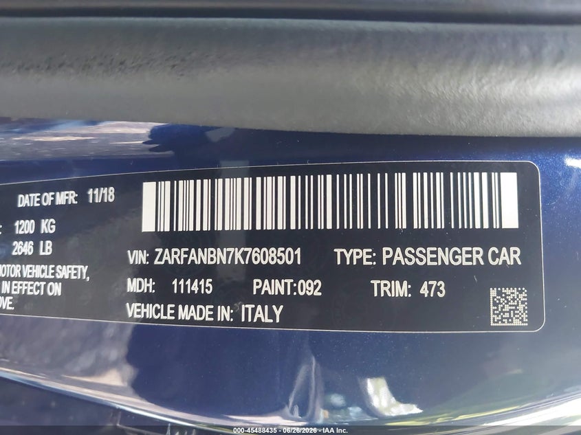 2019 Alfa romeo Giulia VIN ZARFANBN7K7608501 IAAI salvage auction — SIDE, Salvage (Virginia), sold $1,250 on 2026-07-28 (photo 9)
