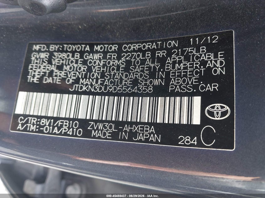 2013 Toyota Prius VIN JTDKN3DU9D5564358 IAAI salvage auction — NORMAL WEAR, Clear (Virginia), sold $1,150 on 2026-07-28 (photo 9)