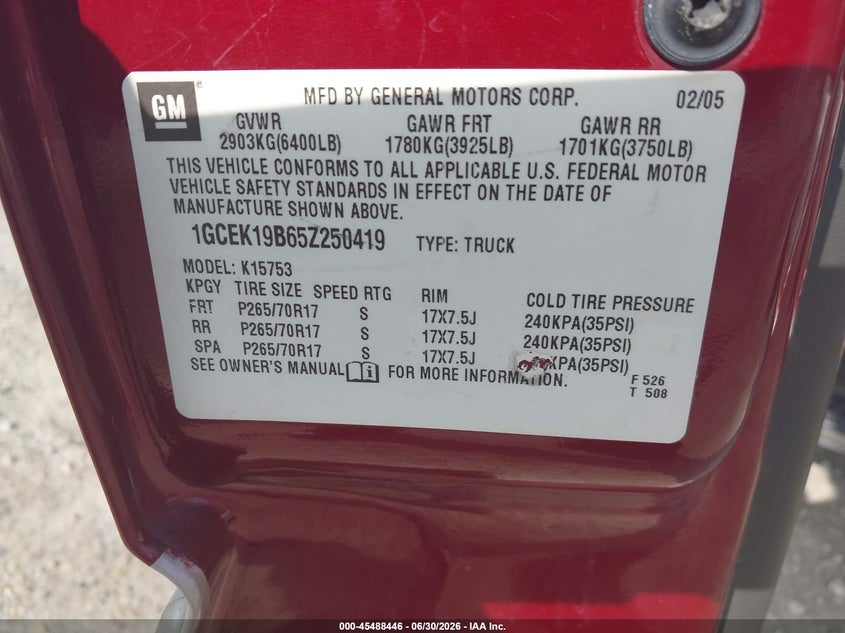 2005 Chevrolet Silverado 1500 VIN 1GCEK19B65Z250419 IAAI salvage auction — NORMAL WEAR, Original (Ohio), sold $300 on 2026-07-10 (photo 9)