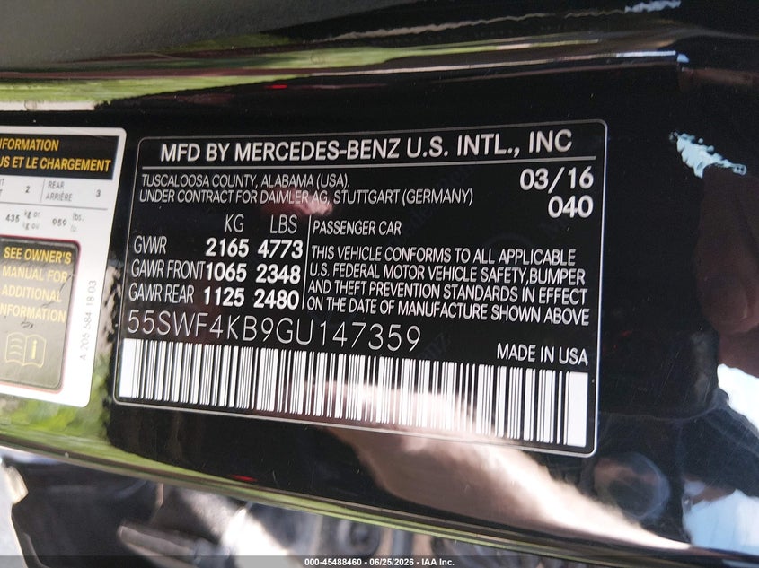 2016 Mercedes-benz C-klasse VIN 55SWF4KB9GU147359 IAAI salvage auction — RIGHT SIDE, Clear (Tennessee), sold $9,300 on 2026-07-28 (photo 9)