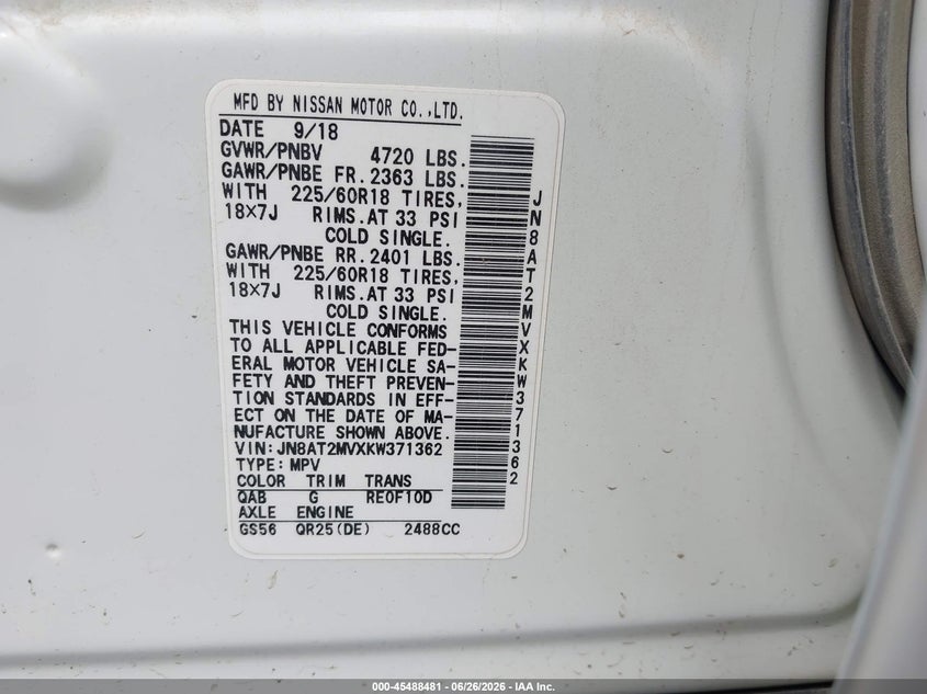 2019 Nissan Rogue VIN JN8AT2MVXKW371362 IAAI salvage auction — FRONT END, Salvage (Ohio), sold $2,400 on 2026-07-20 (photo 9)