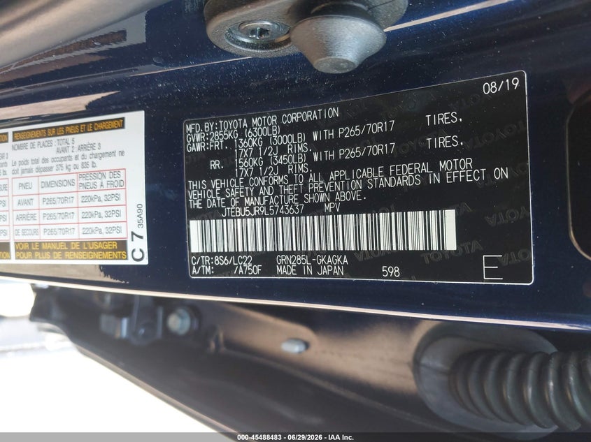 2020 Toyota 4runner VIN JTEBU5JR9L5743637 IAAI salvage auction — REAR END, Salvage (Virginia), sold $11,000 on 2026-07-28 (photo 9)