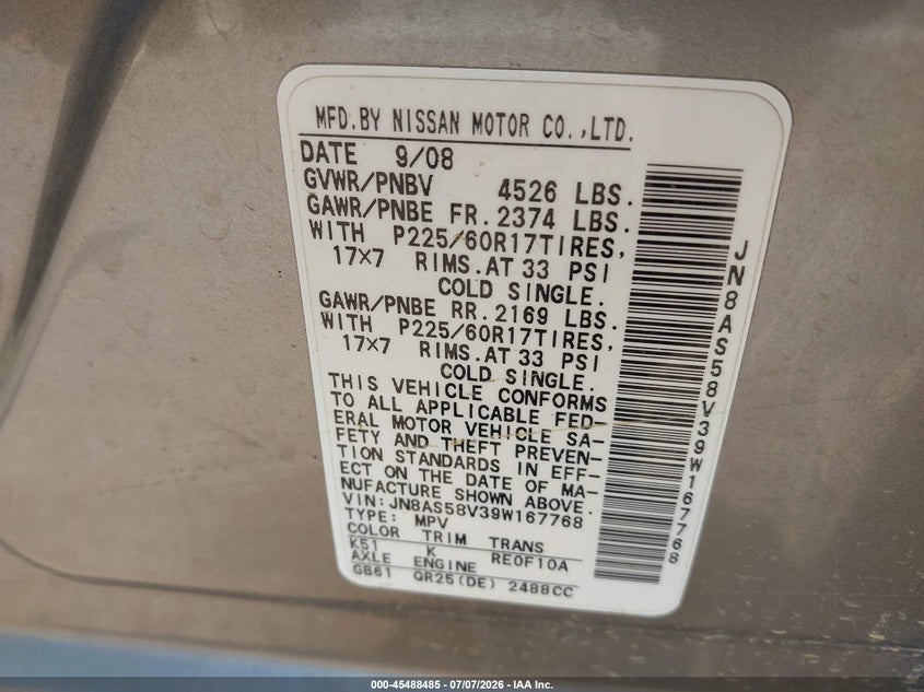 2009 Nissan Rogue VIN JN8AS58V39W167768 IAAI salvage auction — NORMAL WEAR, Regular (South Dakota), sold $525 on 2026-07-14 (photo 9)