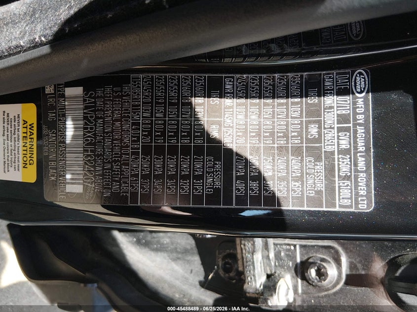 2018 Land rover Range rover evoque VIN SALVP2RX6JH324207 IAAI salvage auction — REAR END, Clear (Mississippi), sold $2,550 on 2026-07-14 (photo 9)