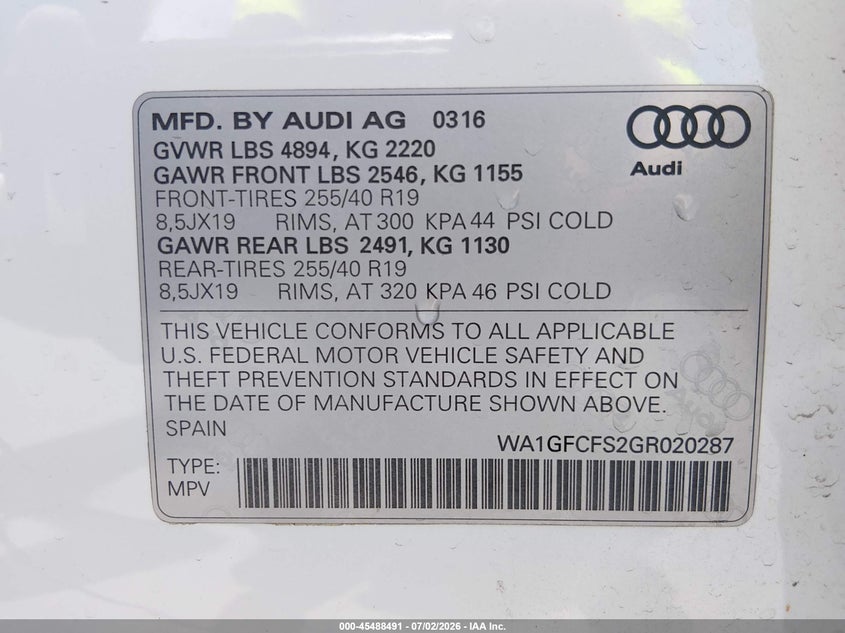 2016 Audi Q3 VIN WA1GFCFS2GR020287 IAAI salvage auction — FRONT END, Salvage Title, sold $2,550 on 2026-07-31 (photo 9)