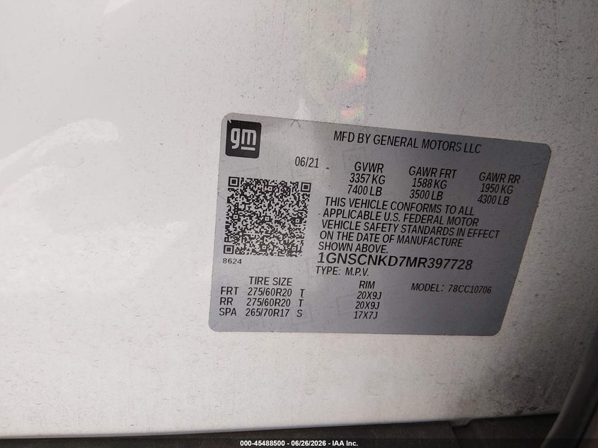 2021 Chevrolet Tahoe VIN 1GNSCNKD7MR397728 IAAI salvage auction — SIDE, Salvage (Alabama), sold $17,000 on 2026-07-09 (photo 9)