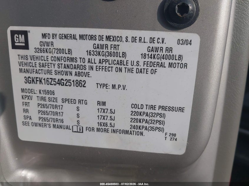 2004 Gmc Yukon xl VIN 3GKFK16Z54G251862 IAAI salvage auction — NORMAL WEAR, Original (Ohio), sold $4,650 on 2026-07-09 (photo 9)