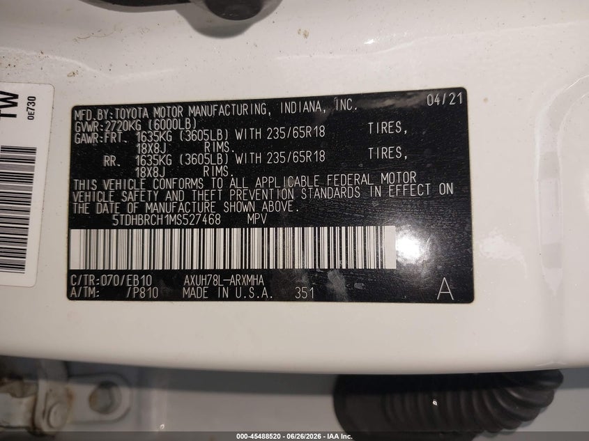 2021 Toyota Highlander VIN 5TDHBRCH1MS527468 IAAI salvage auction — SIDE, Salvage (Pennsylvania), sold $13,700 on 2026-07-21 (photo 9)