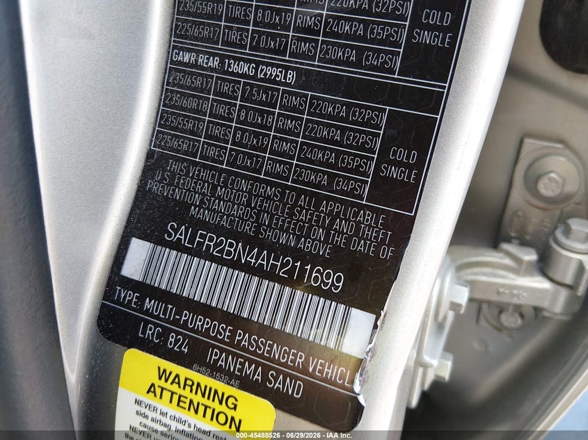 2010 Land rover Lr2 VIN SALFR2BN4AH211699 IAAI salvage auction — FRONT END, Salvage (North Carolina), sold $25 on 2026-07-22 (photo 9)
