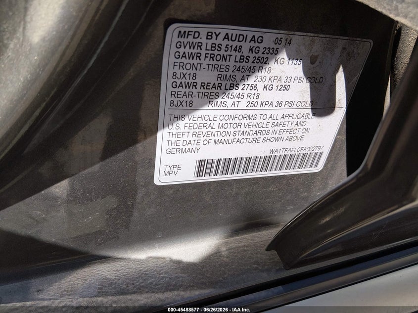 2015 Audi Allroad VIN WA1TFAFL0FA002797 IAAI salvage auction — FRONT END, Salvage (Idaho), sold $275 on 2026-07-30 (photo 9)
