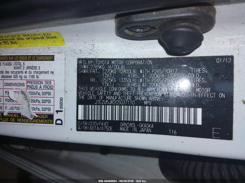 2012 Toyota 4runner VIN JTEZU5JR2C5037110 IAAI salvage auction — LEFT & RIGHT, Salvage Title, sold $2,600 on 2026-07-30 (photo 9)
