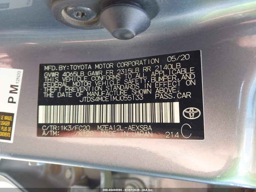 2021 Toyota Corolla VIN JTDS4MCE1MJ055133 IAAI salvage auction — FRONT END, Salvage Title, sold $4,500 on 2026-08-02 (photo 9)