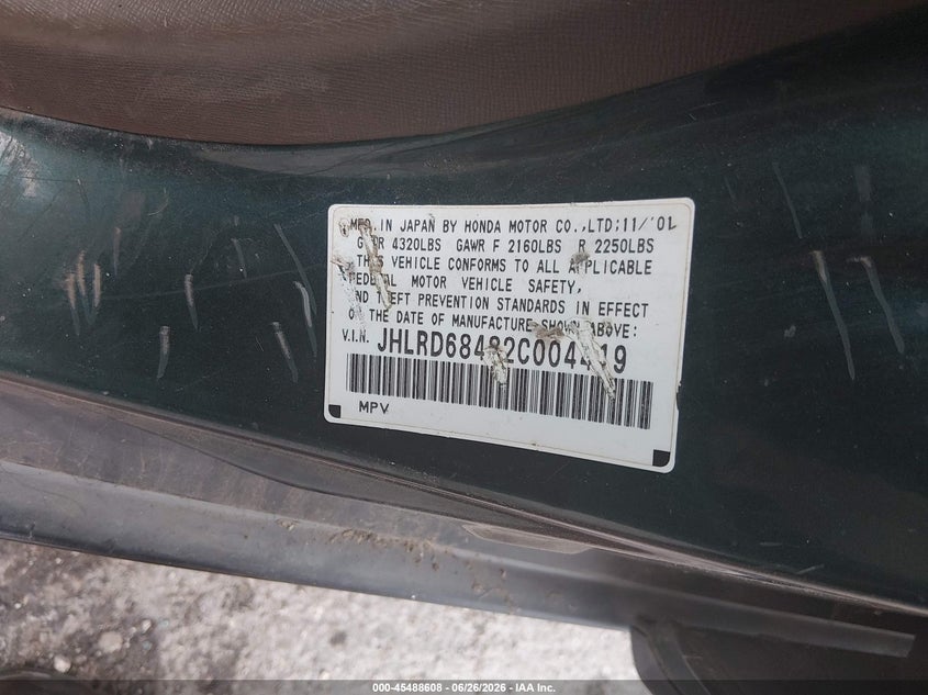 2002 Honda Cr-v VIN JHLRD68482C004419 IAAI salvage auction — NORMAL WEAR, Clear (Oklahoma), sold $250 on 2026-07-28 (photo 9)