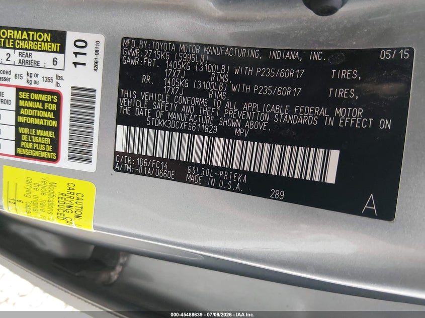 2015 Toyota Sienna VIN 5TDKK3DCXFS611829 IAAI salvage auction — FRONT & REAR, Salvage (Tennessee), sold $25 on 2026-07-28 (photo 9)