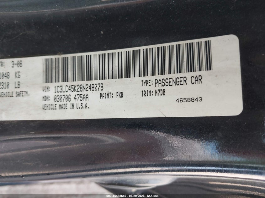 2008 Chrysler Sebring VIN 1C3LC45K28N248078 IAAI salvage auction — NORMAL WEAR, Clear (Illinois), sold $275 on 2026-07-08 (photo 9)