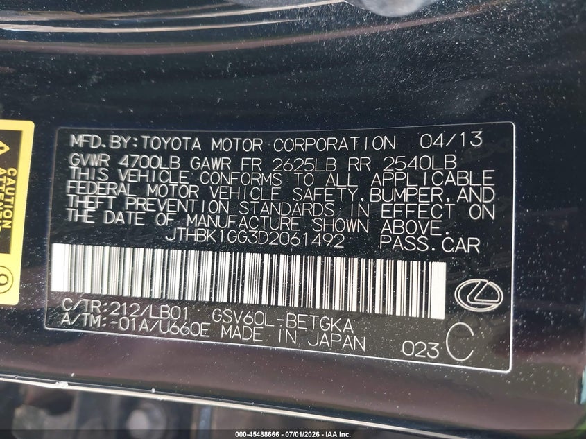 2013 Lexus ES VIN JTHBK1GG3D2061492 IAAI salvage auction — REAR END, Clear (Indiana), sold $2,150 on 2026-07-28 (photo 9)