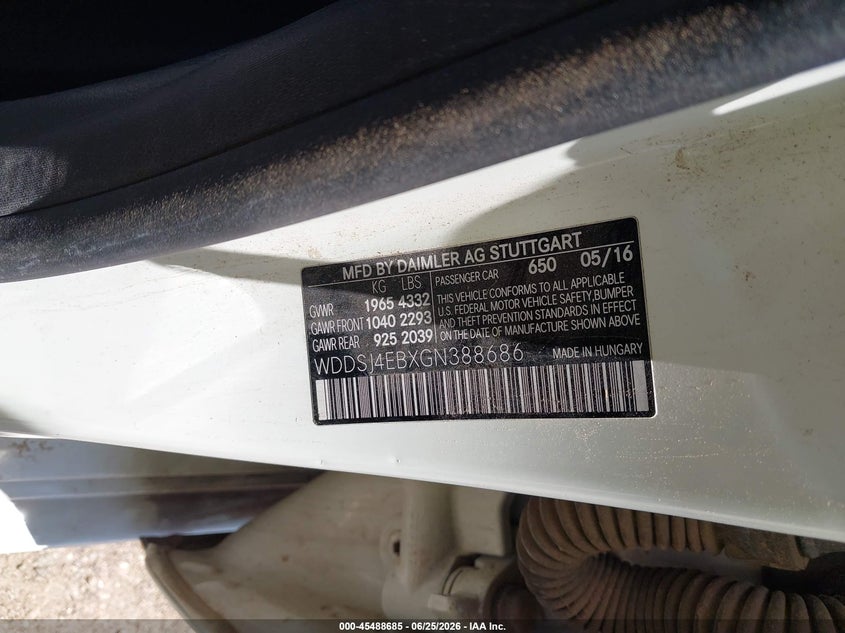 2016 Mercedes-benz Cla-class VIN WDDSJ4EBXGN388686 IAAI salvage auction — ELECTRICAL, Original (Texas), sold $725 on 2026-07-13 (photo 9)