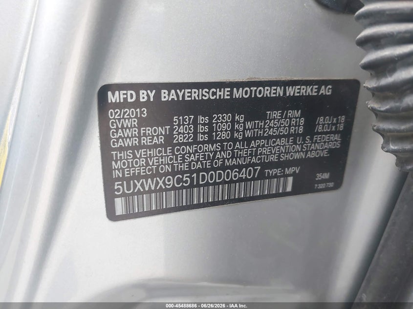 2013 BMW X3 VIN 5UXWX9C51D0D06407 IAAI salvage auction — NORMAL WEAR, Clear - Dealer Only (California), sold $1,000 on 2026-07-28 (photo 9)