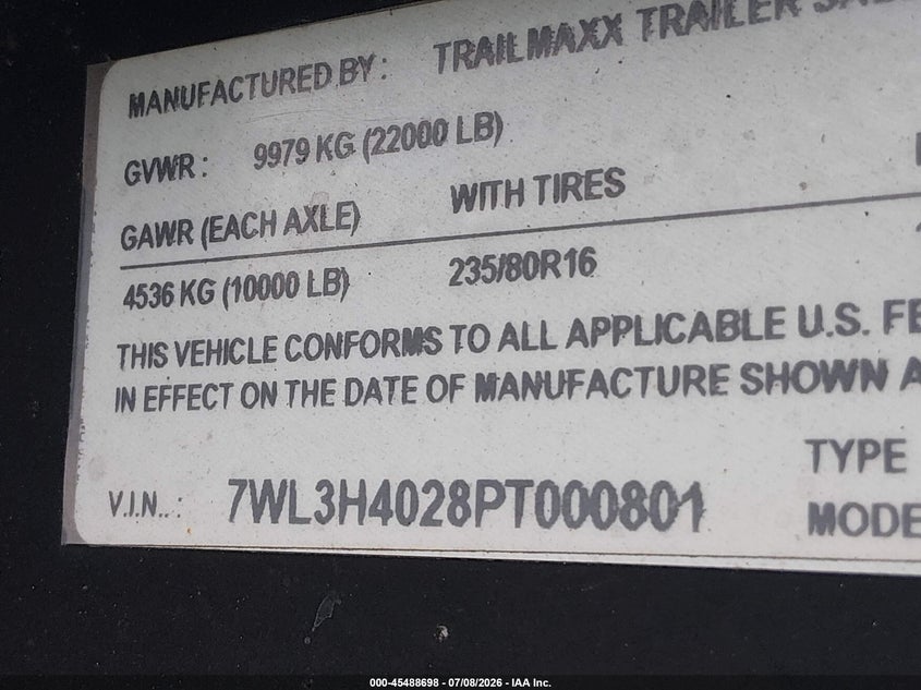 2023 Trailmaxx 40' goosenck trailer VIN 7WL3H4028PT000801 IAAI salvage auction — SIDE, Certificate Of Destruction (Florida), sold $1,650 on 2026-07-29 (photo 9)