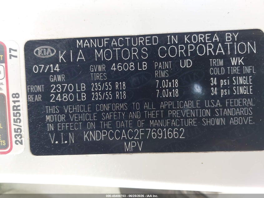 2015 Kia Sportage VIN KNDPCCAC2F7691662 IAAI salvage auction — NORMAL WEAR, Clear (Maryland), sold $1,400 on 2026-07-08 (photo 9)