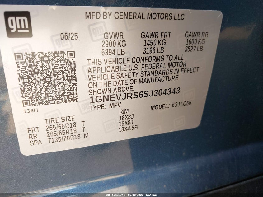 2025 Chevrolet Traverse VIN 1GNEVJRS6SJ304343 IAAI salvage auction — REAR END, Salvage Title, sold $17,600 on 2026-07-31 (photo 9)