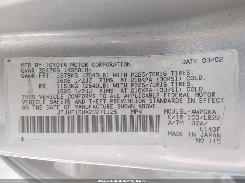 2002 Lexus Rx 300 VIN JTJHF10UX20271125 IAAI salvage auction — NORMAL WEAR, Clear (Arkansas), sold $375 on 2026-07-08 (photo 9)