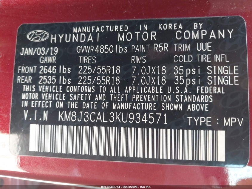 2019 Hyundai Tucson VIN KM8J3CAL3KU934571 IAAI salvage auction — REAR END, Salvage (New Jersey), sold $4,650 on 2026-07-28 (photo 9)