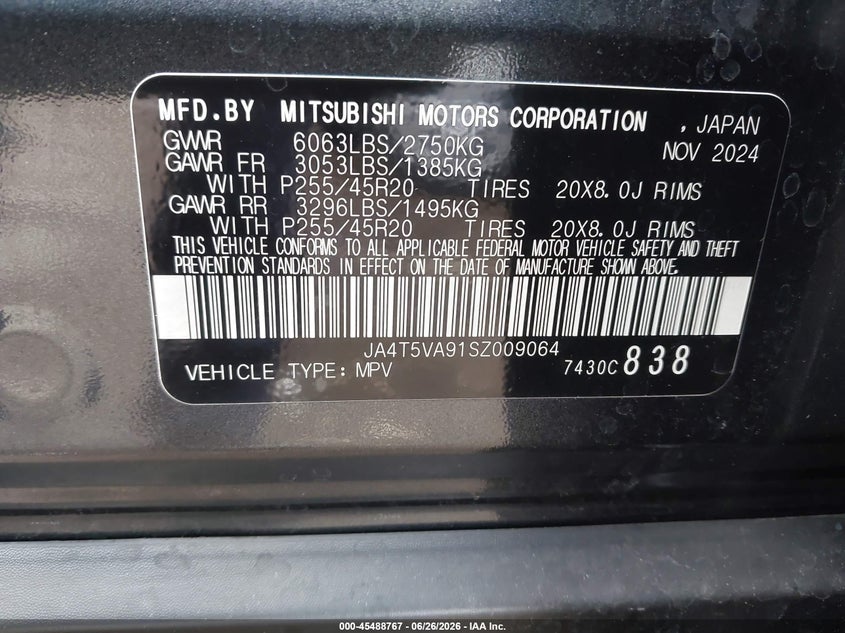 2025 Mitsubishi Outlander VIN JA4T5VA91SZ009064 IAAI salvage auction — FRONT END, Clear Claim Paid (Wisconsin), sold $6,500 on 2026-07-31 (photo 9)