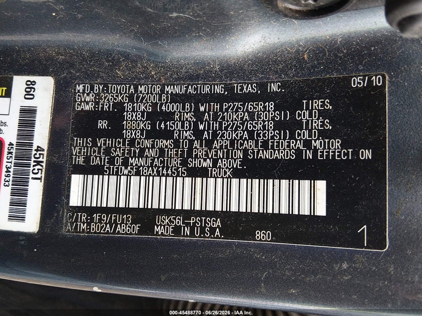 2010 Toyota Tundra VIN 5TFDW5F18AX144515 IAAI salvage auction — NORMAL WEAR, Clear (Illinois), sold $2,950 on 2026-07-29 (photo 9)