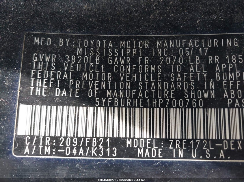 2017 Toyota Corolla VIN 5YFBURHE1HP700760 IAAI salvage auction — NORMAL WEAR, Clear (Virginia), sold $1,825 on 2026-07-27 (photo 9)
