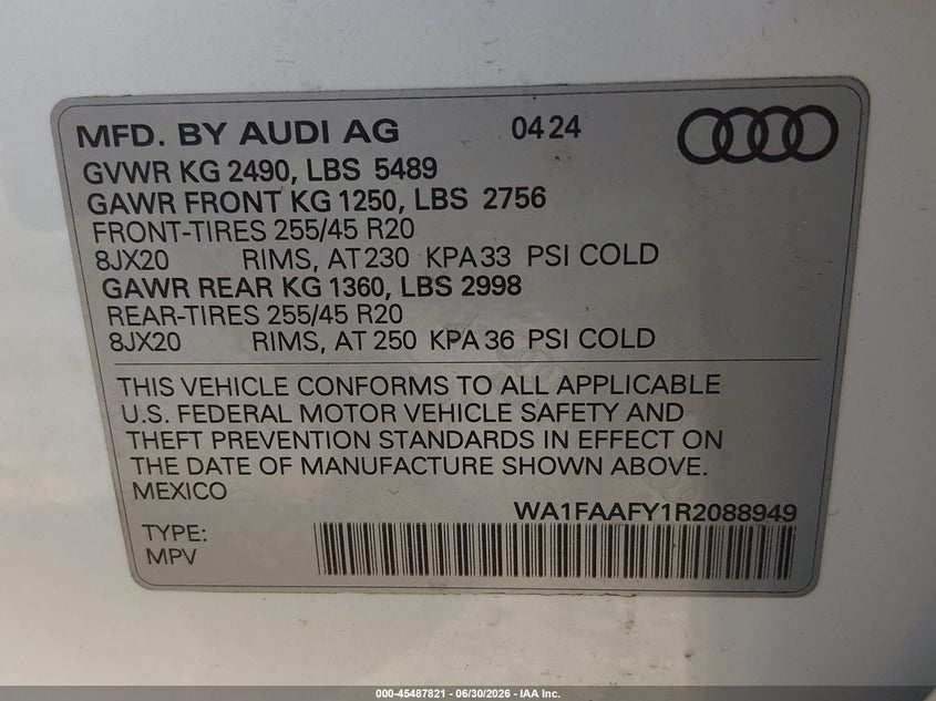 2024 Audi Q5 VIN WA1FAAFY1R2088949 IAAI salvage auction — RIGHT FRONT, Wait Title, sold $11,650 on 2026-08-26 (photo 9)