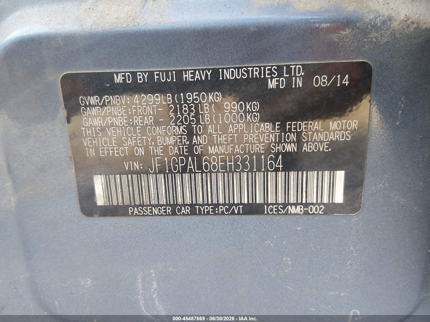 2014 Subaru Impreza VIN JF1GPAL68EH331164 IAAI salvage auction — FRONT & REAR, Salvage (Pennsylvania), sold $450 on 2026-07-31 (photo 9)