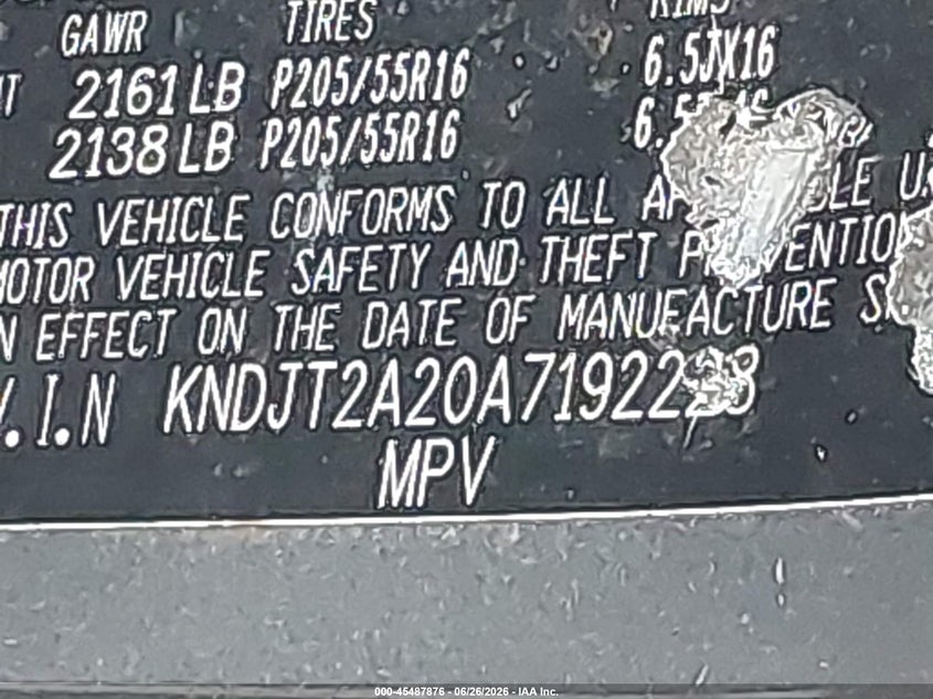 2010 Kia Soul VIN KNDJT2A20A7192228 IAAI salvage auction — FRONT & REAR, Mv-907A (New York), sold $500 on 2026-07-17 (photo 9)