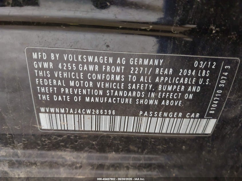 2012 Volkswagen Golf VIN WVWNM7AJ4CW286396 IAAI salvage auction — FRONT END, Mv-907A (New York), sold $1,050 on 2026-07-07 (photo 9)