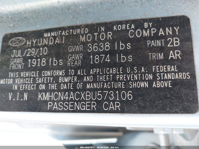 2011 Hyundai Accent VIN KMHCN4ACXBU573106 IAAI salvage auction — NORMAL WEAR, Clear (Virginia), sold $600 on 2026-07-27 (photo 9)