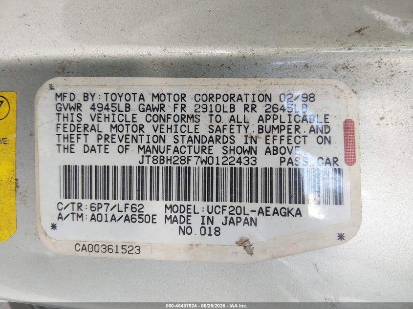 1998 Lexus Ls VIN JT8BH28F7W0122433 IAAI salvage auction — SIDE, Bill Of Sale (Connecticut), sold $400 on 2026-07-23 (photo 9)